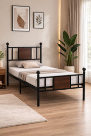 Black Metal Bed Frame with Wood Accent Panel black metal bed