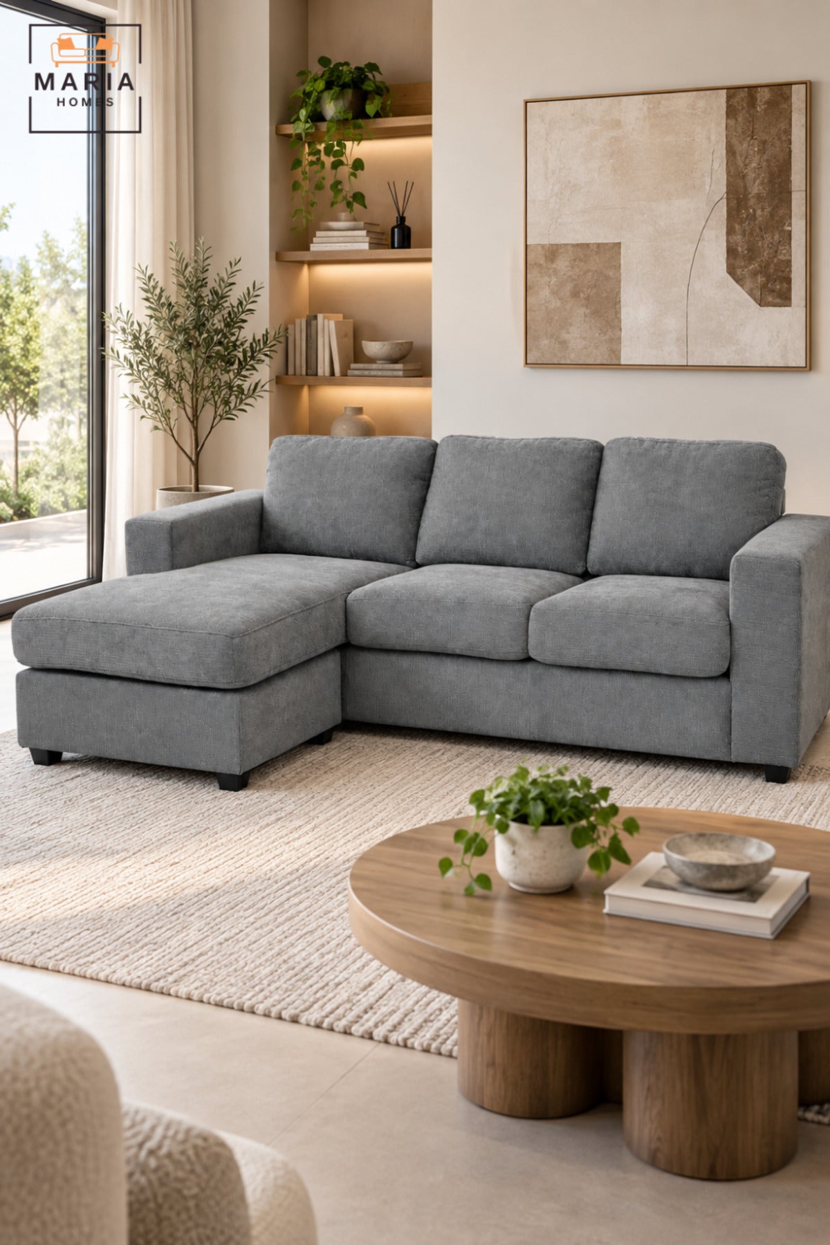 L-Shaped GREY Sectional Sofa with Left Chaise | 3-Seater Upholstered Couch with Deep Cushions, Wide Armrests & Comfortable Modern Living Room Design