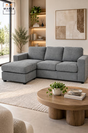 L-Shaped GREY Sectional Sofa with Left Chaise | 3-Seater Upholstered Couch with Deep Cushions, Wide Armrests & Comfortable Modern Living Room Design