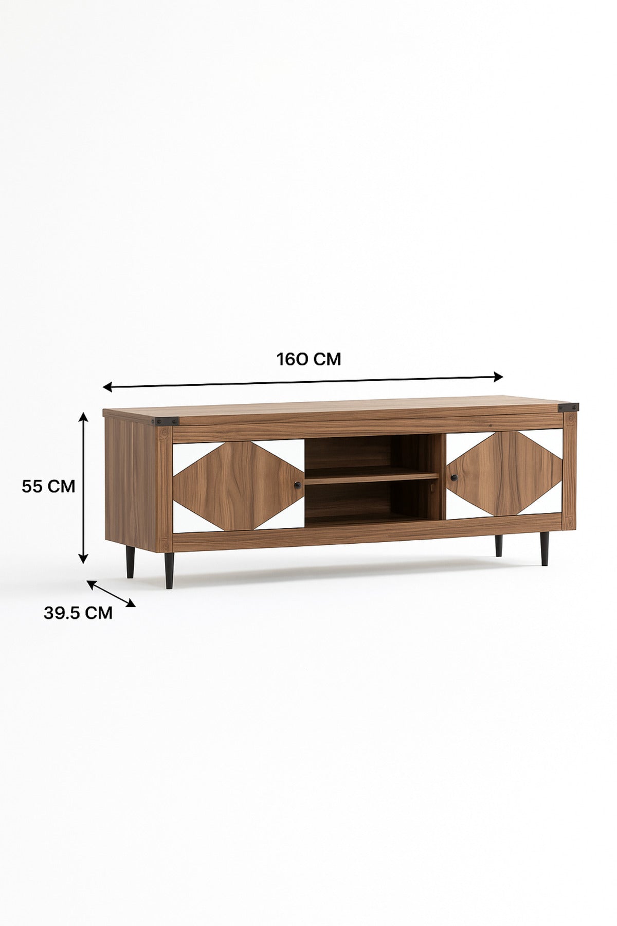 Modern Walnut TV Cabinet 160_39.5_55 cm Wooden Entertainment Unit with Geometric White Doors
