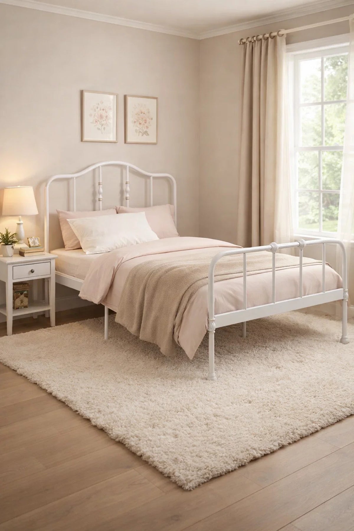 Modern White Metal Single Bed Frame 120x190cm Strong Iron Base with Stylish Gold Spindle Details