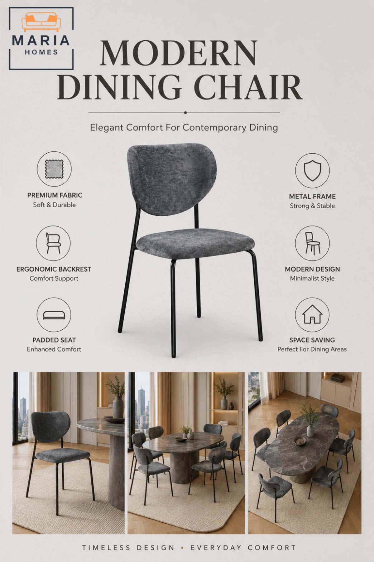 Modern Dining Chair Upholstered Fabric Kitchen Chair Metal Legs for Dining Room Dark Grey