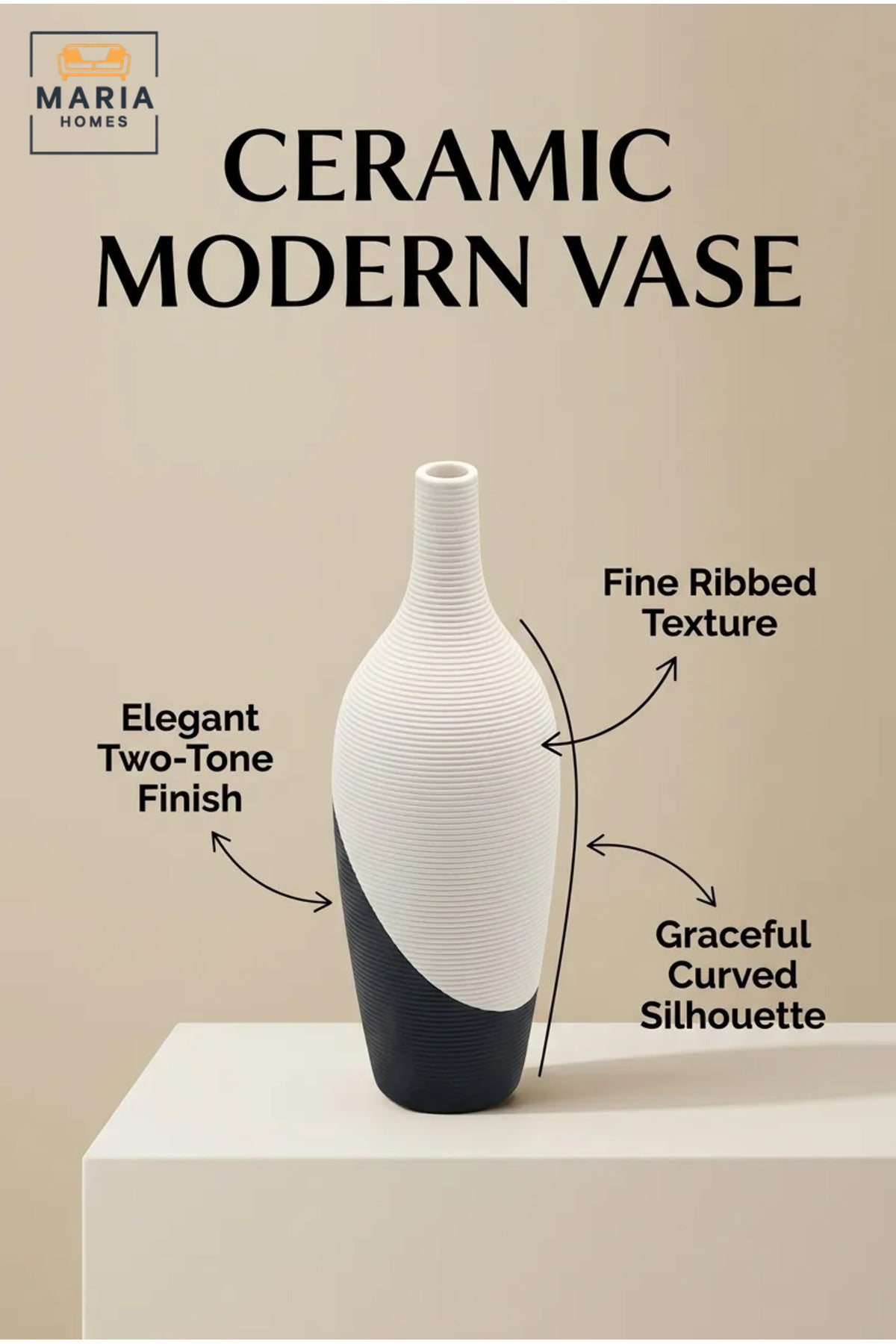 Modern Tall Decorative Flower Vase with Two-Tone Abstract Design, Slender Bottle Shape and Ribbed Texture for Living Room, Bedroom, Office and Console Décor