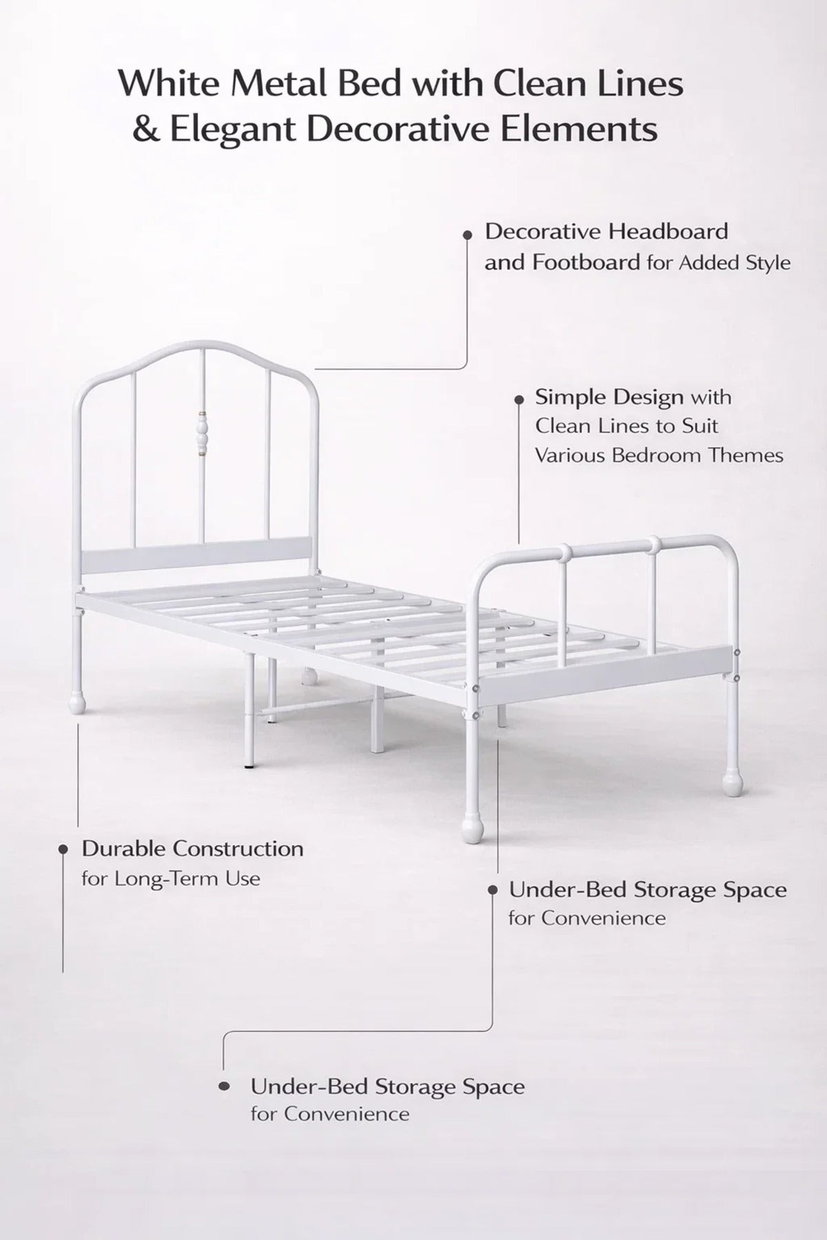 White Metal Bed Frame - WHITE (90*190 cm)