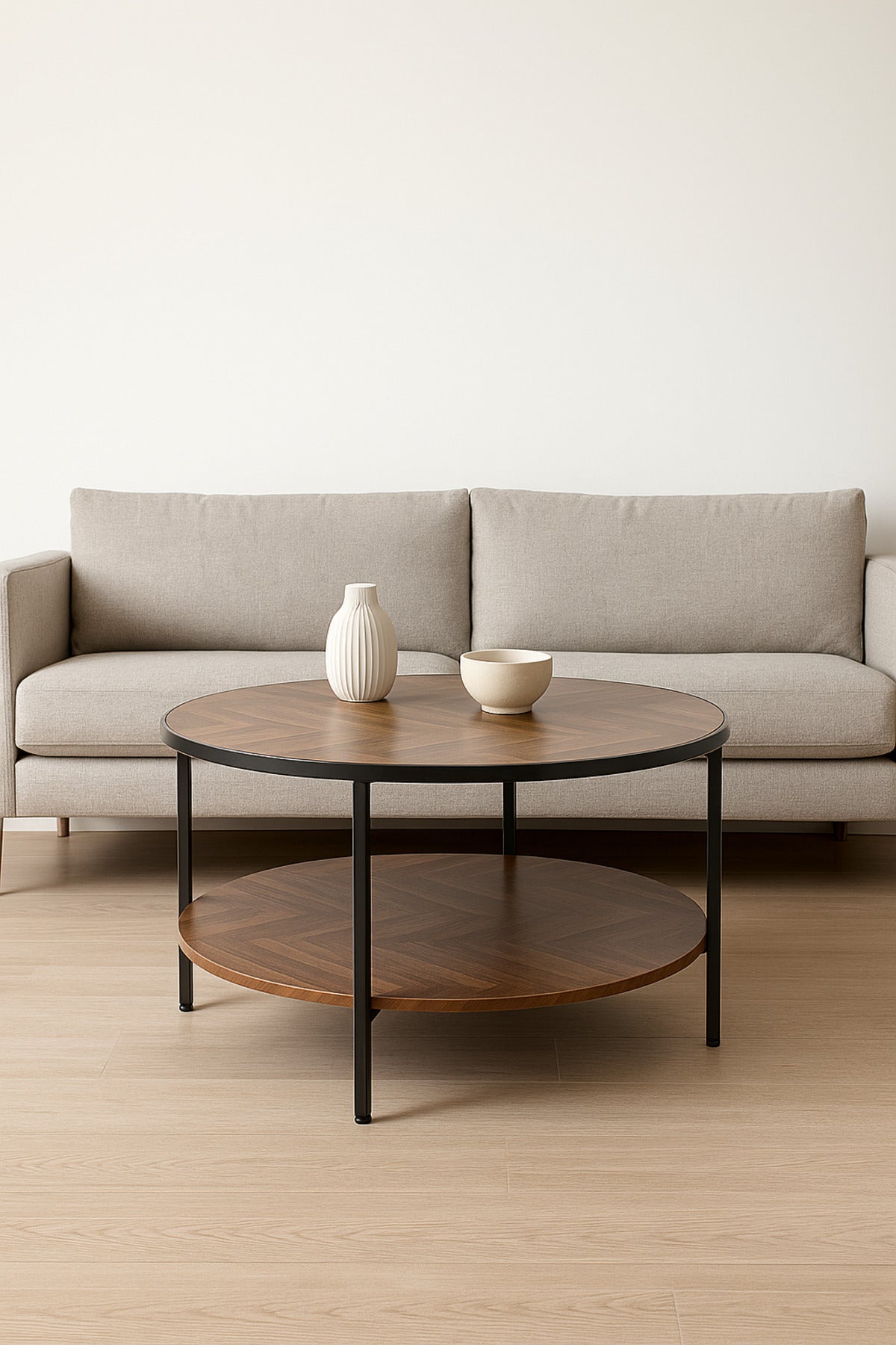 Round Brown Coffee Table with Wooden Shelves Modern Center Table with Black Metal Frame 100_45 cm