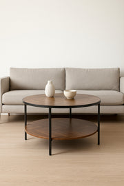 Round Brown Coffee Table with Wooden Shelves Modern Center Table with Black Metal Frame 100_45 cm