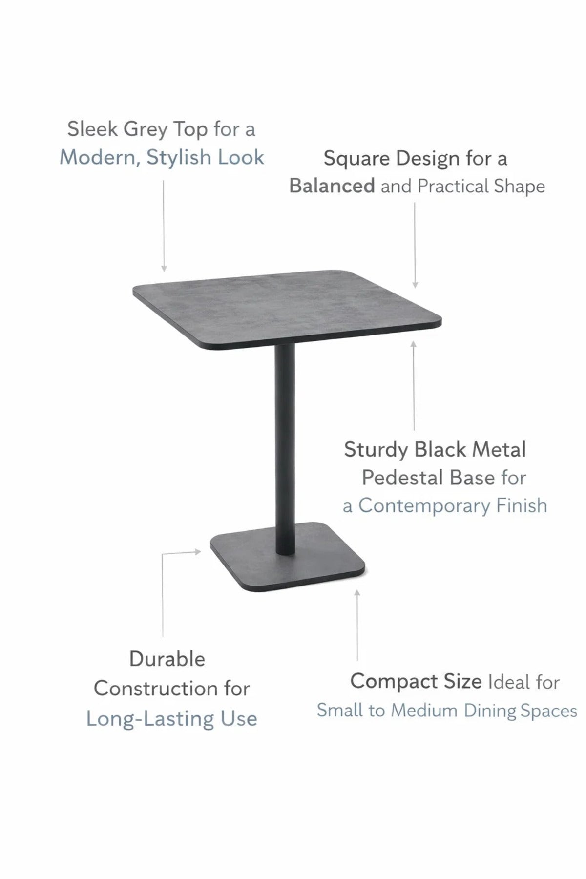 Modern Square Grey Melamine Dining Table with Black Metal Pedestal Base for Stylish Interiors
