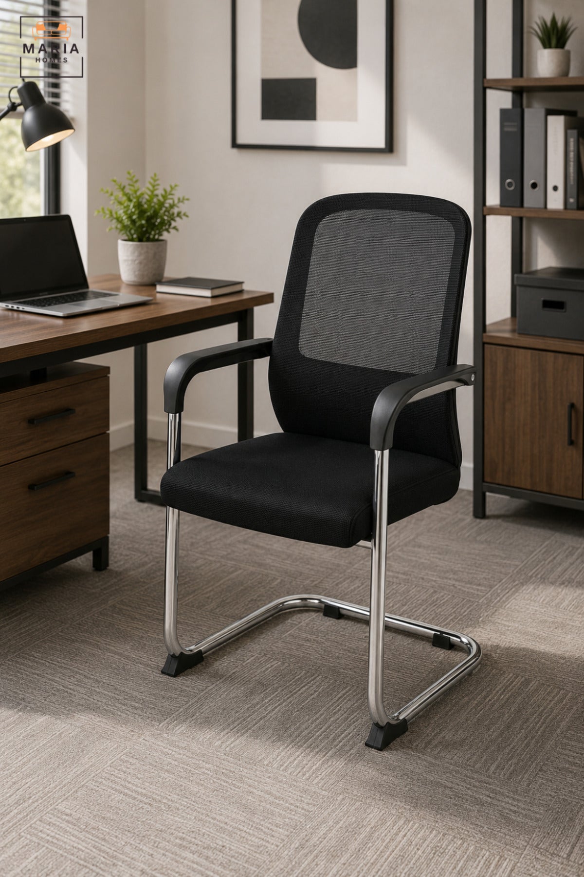 Modern Black Mesh Visitor Office Chair with Padded Seat, Armrests & Chrome Cantilever Base, Contemporary Guest Chair for Meeting Room Reception