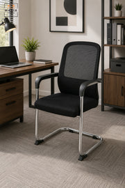 Modern Black Mesh Visitor Office Chair with Padded Seat, Armrests & Chrome Cantilever Base, Contemporary Guest Chair for Meeting Room Reception