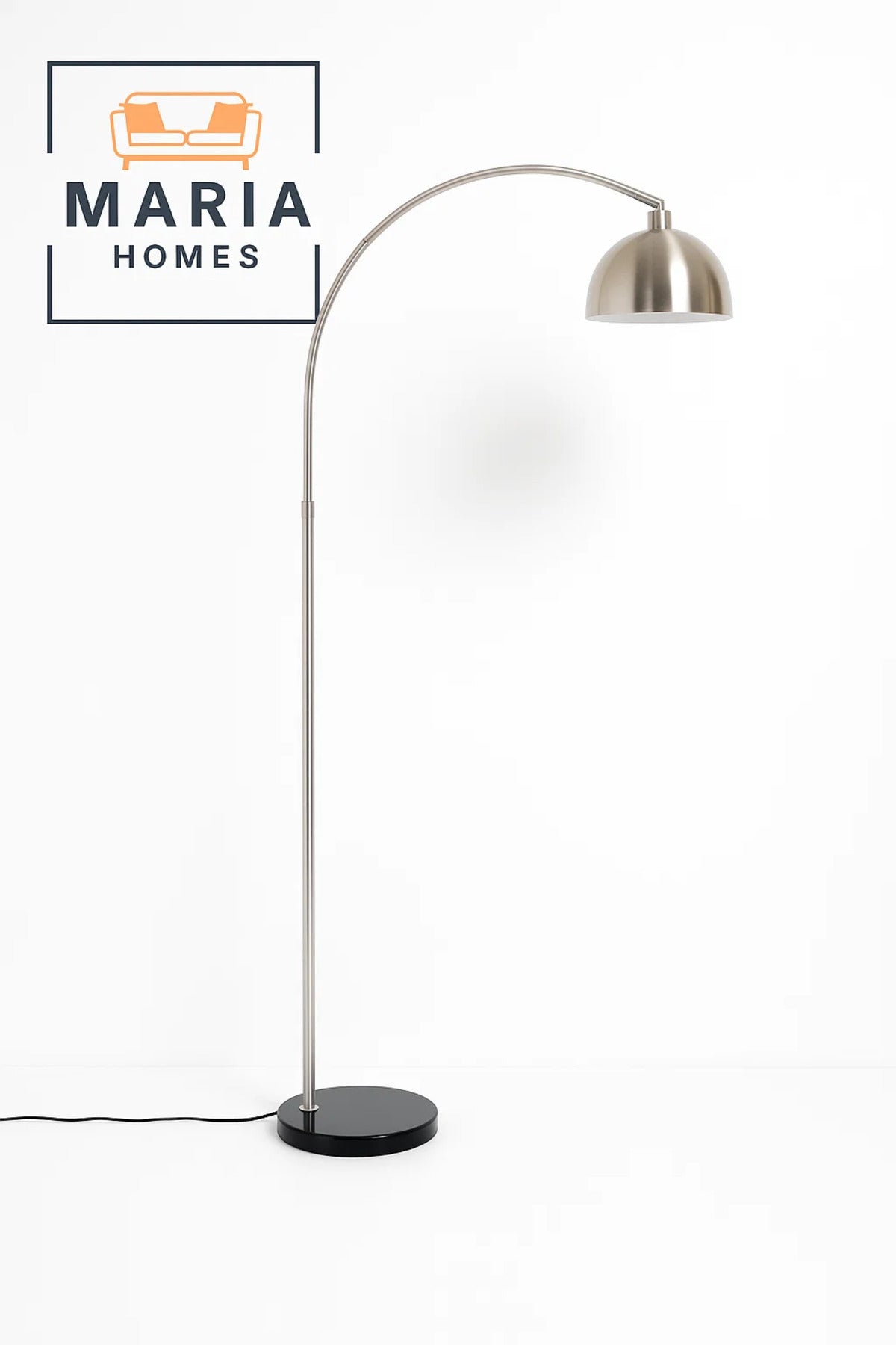 Modern Arched Floor Lamp with Brushed Steel Shade and Marble Base