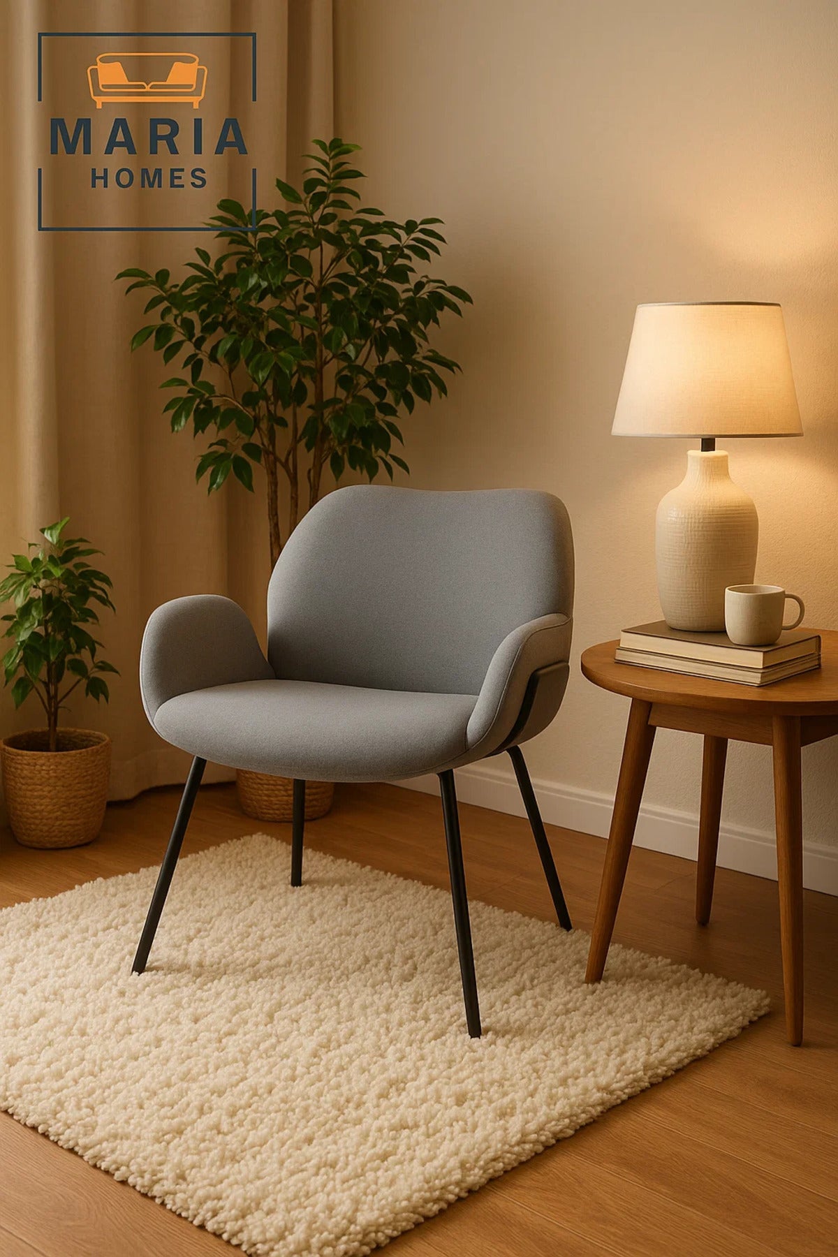 Grey Fabric Armchair with Black Metal Legs Ð Modern Padded Chair for Living Room or Office