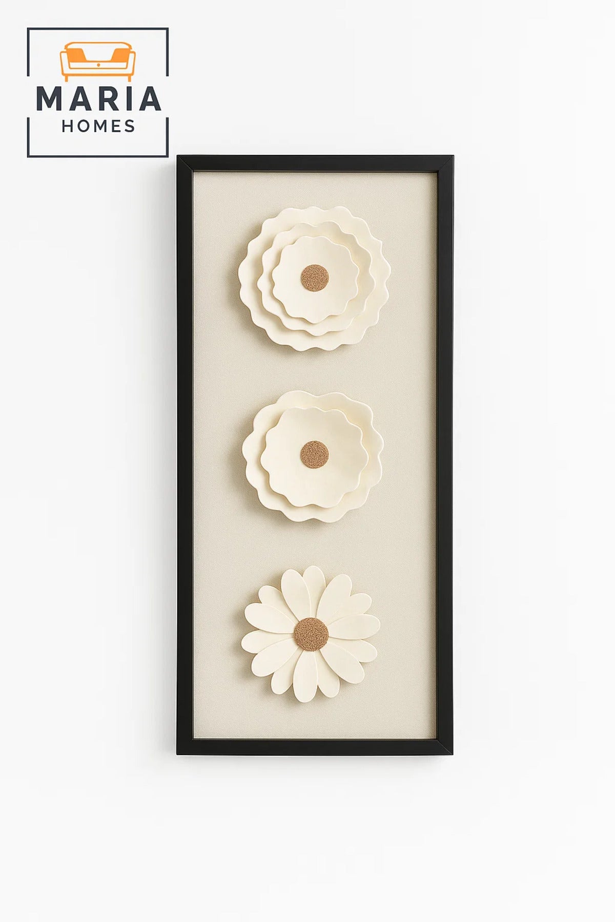 Framed 3D Floral Wall Art with Triple White Blooms on Linen Background-size 35*80*3 CM