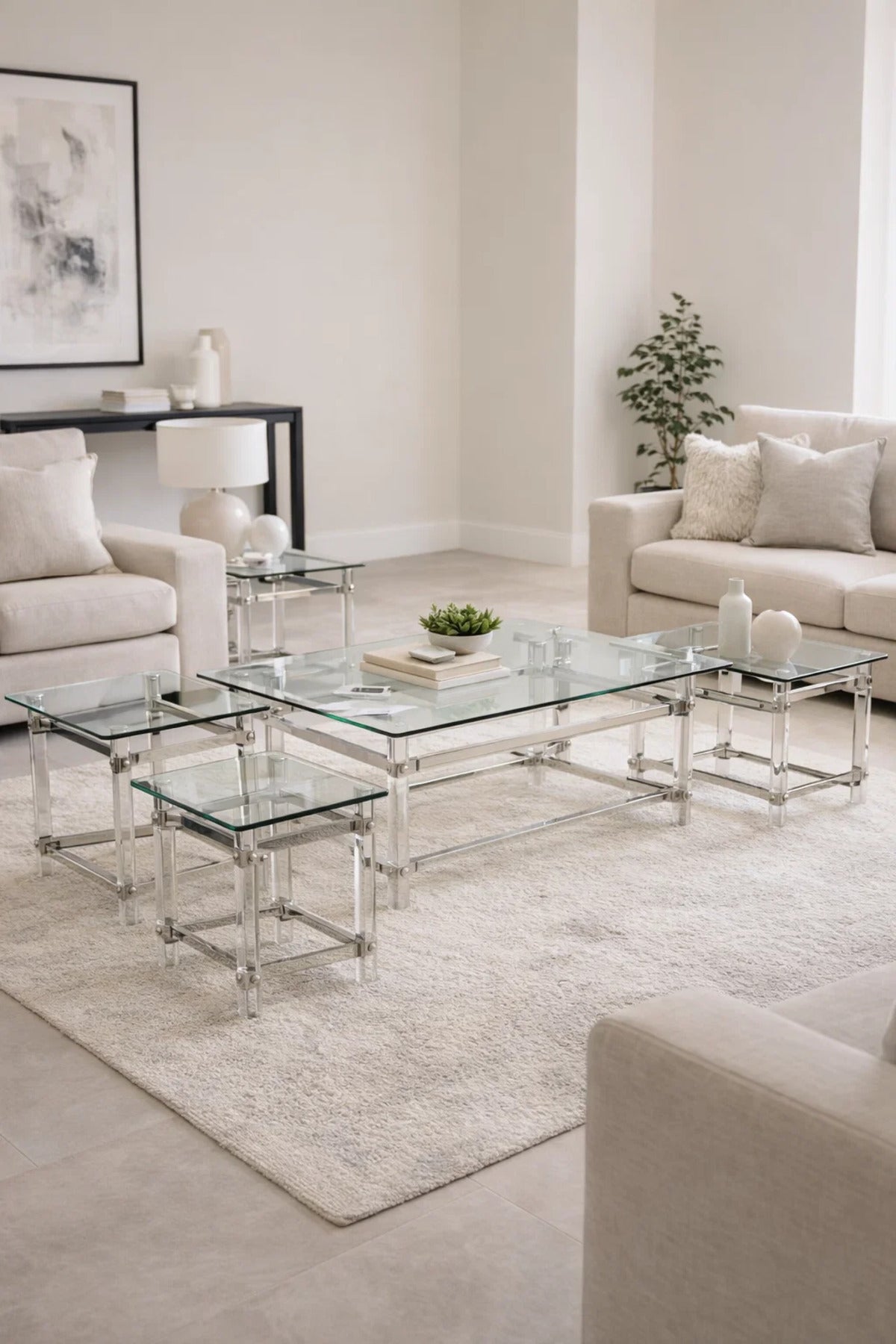 Premium Acrylic Center Table Set 1+4 with Glass Top and Silver Accents for Modern Living Room