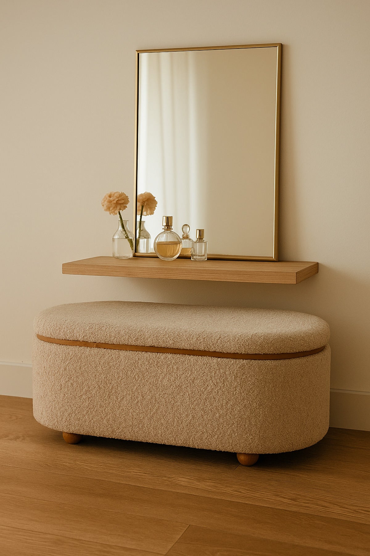 Brown Oval Storage Ottoman Bench with Wooden Base Ð Modern Fabric Seat 109_43_49 cm