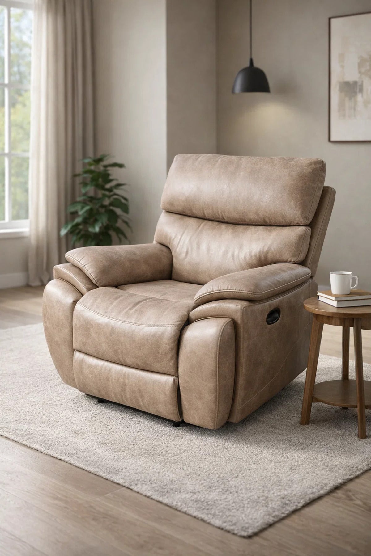 Premium Light Brown Leather Recliner Armchair with Cup Holder and Lumbar Support for Home Comfort