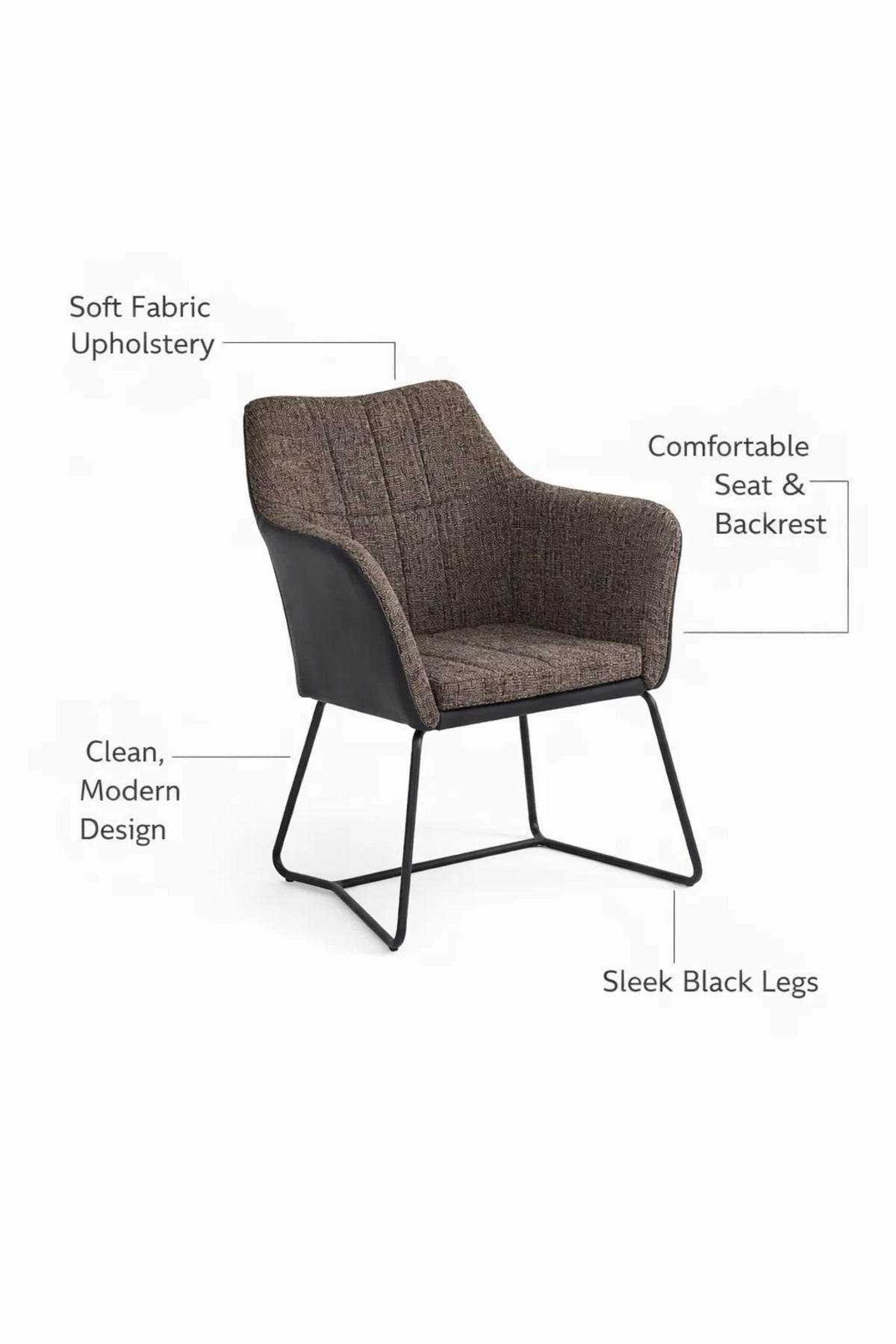 Modern Industrial Brown Fabric Dining Chair with Black Faux Leather Back and Metal Sled Base Legs