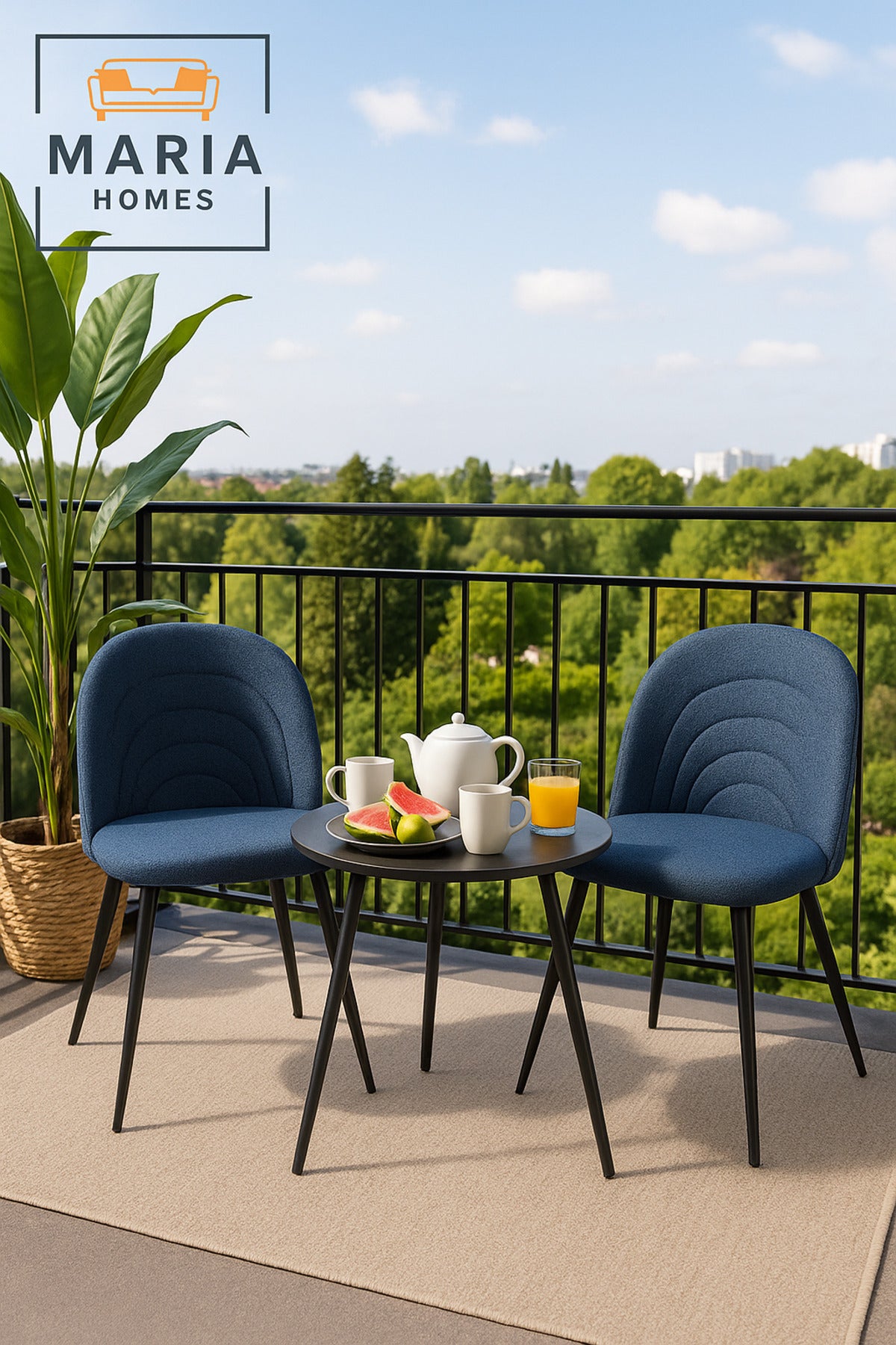 Blue Upholstered Dining Chair Ð Modern Fabric Seat with Black Metal Legs