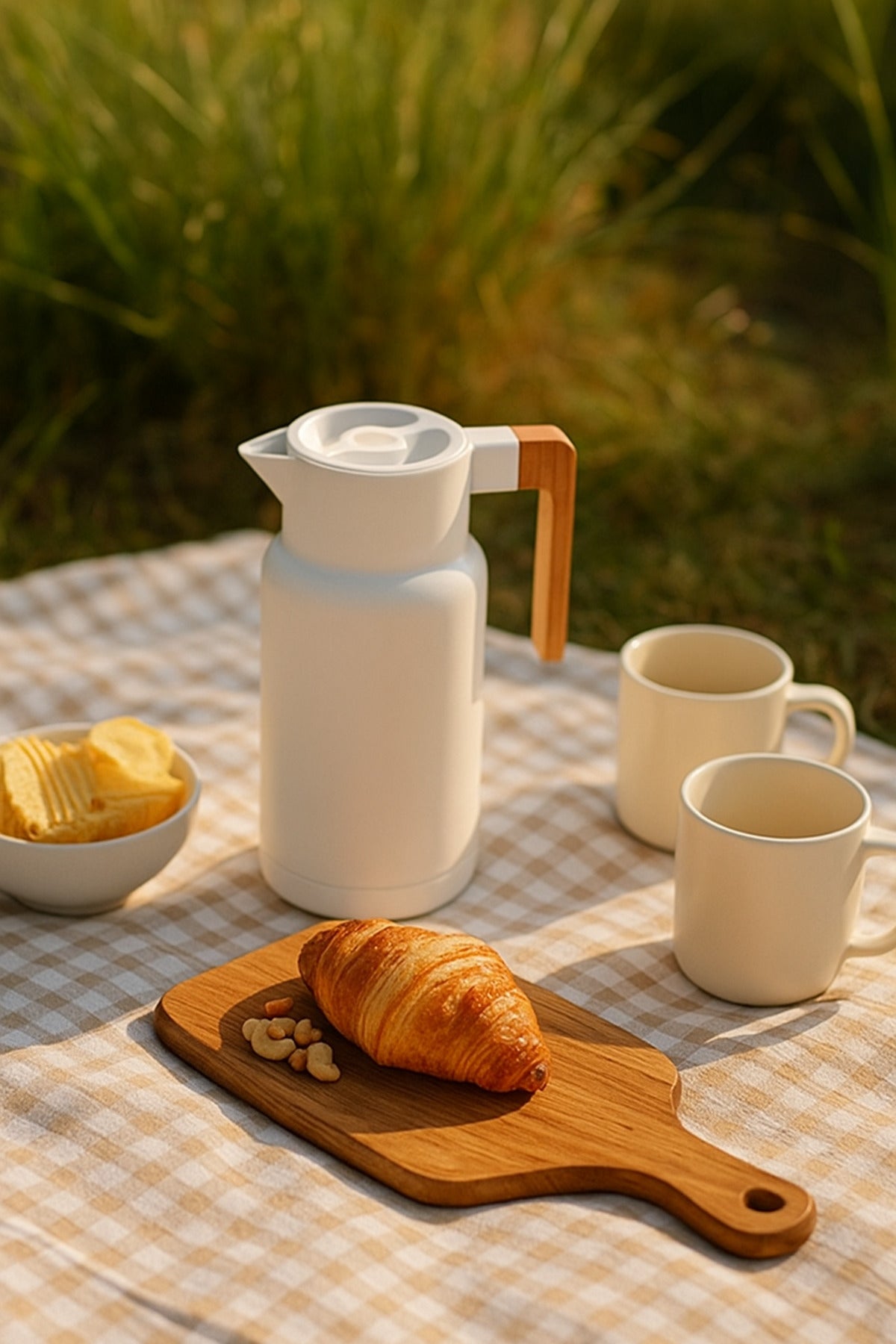 White Thermal Flask with Wooden Handle √ê Modern Insulated Coffee and Tea Jug