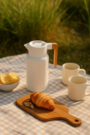White Thermal Flask with Wooden Handle √ê Modern Insulated Coffee and Tea Jug
