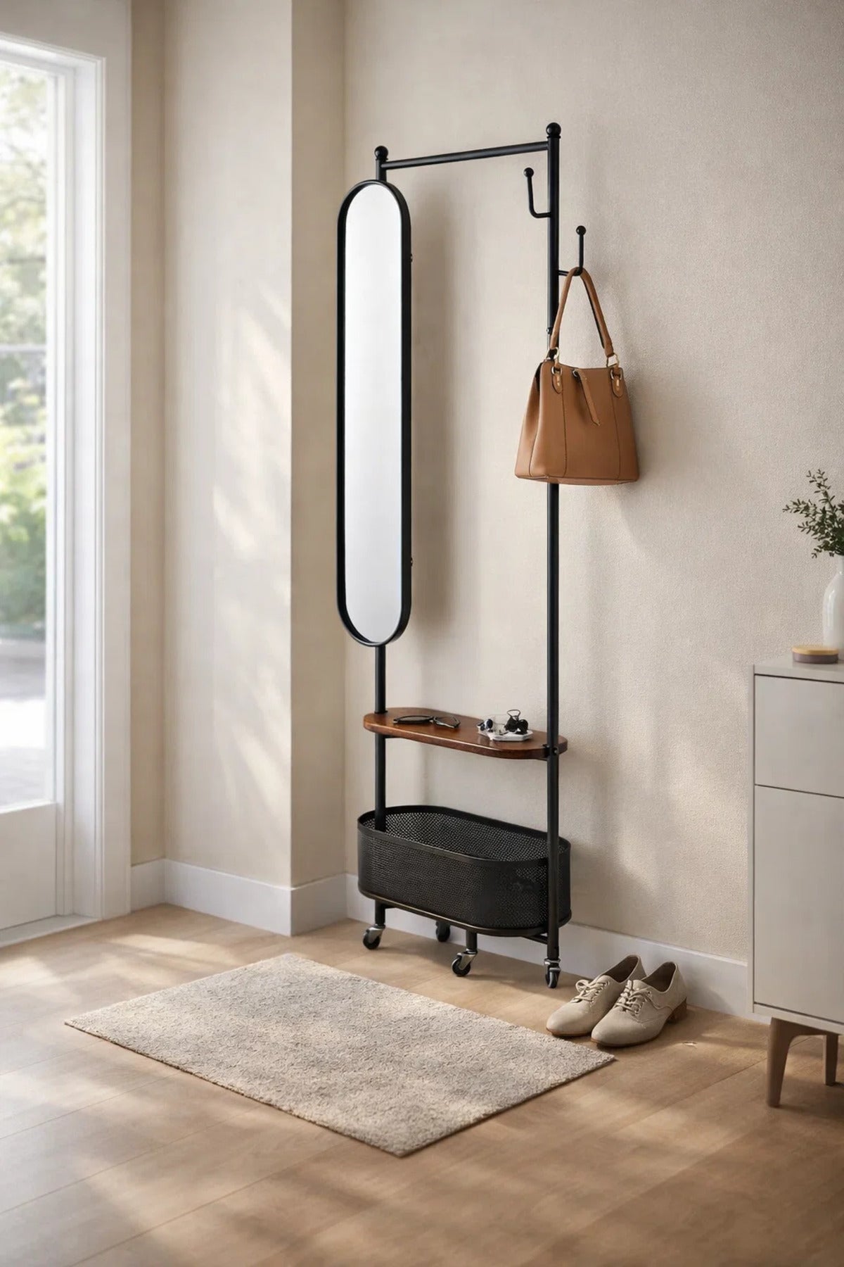 Modern Mobile Coat Rack Stand with Oval Mirror Shelf and Basket Storage for Hallway Organization