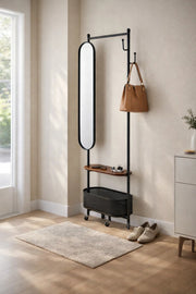 Modern Mobile Coat Rack Stand with Oval Mirror Shelf and Basket Storage for Hallway Organization