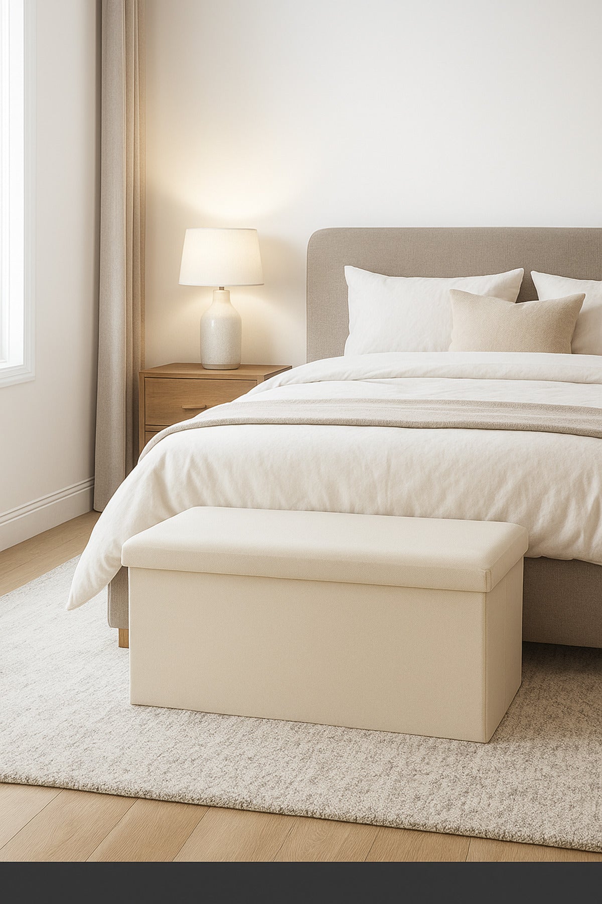 White Foldable Storage Ottoman Bench 76_38_38 cm Ð Multipurpose Fabric Seat with Hidden Storage