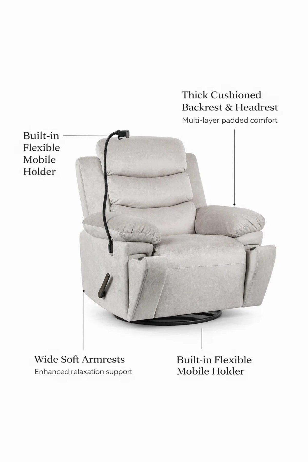 Modern Light Grey Fabric Swivel Rocking Recliner Chair with Built-in Phone Holder for Home Relaxing