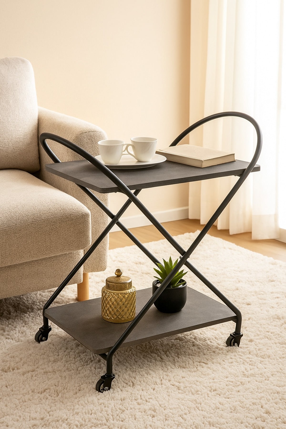 Modern Gray Metal Serving Trolley Ð 2-Tier Industrial Bar Cart with Wheels 72_40_78 cm
