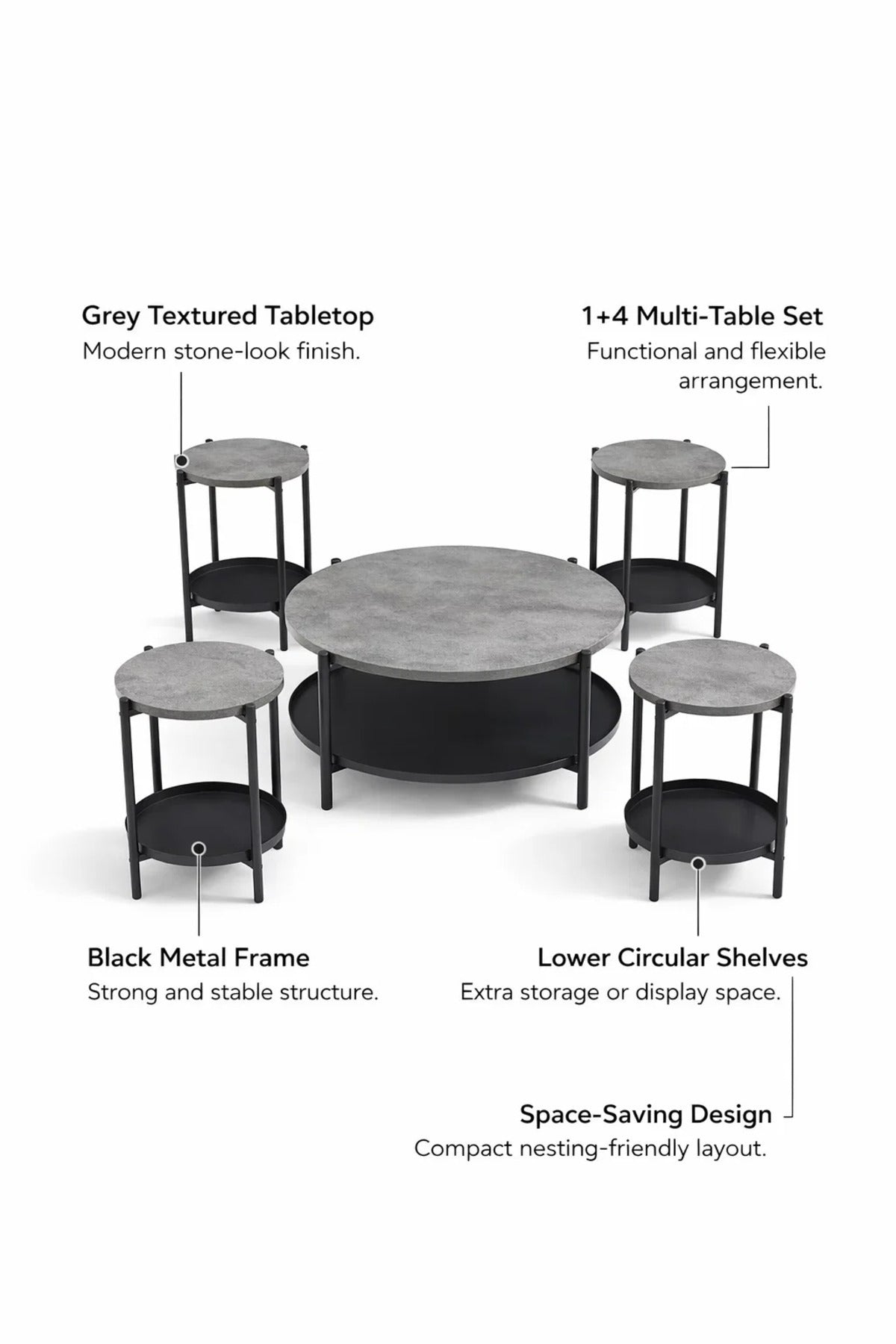 Stylish 5Piece Round Coffee Table Set Grey Stone Effect Top Black Metal Frame with Shelf Living Room