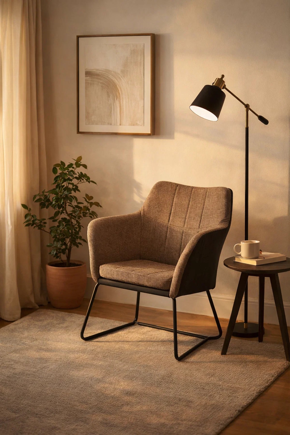 Premium Brown Fabric and Black Leather Dining Armchair with Metal Legs for Modern Living Room Decor