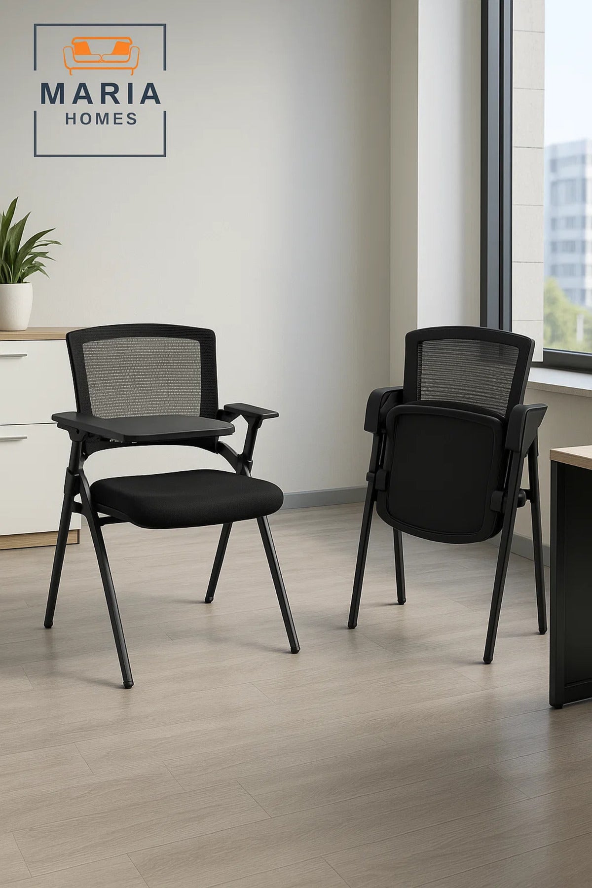 Black Training Chair with Foldable Writing Pad and Mesh Back Ð Stackable Design
