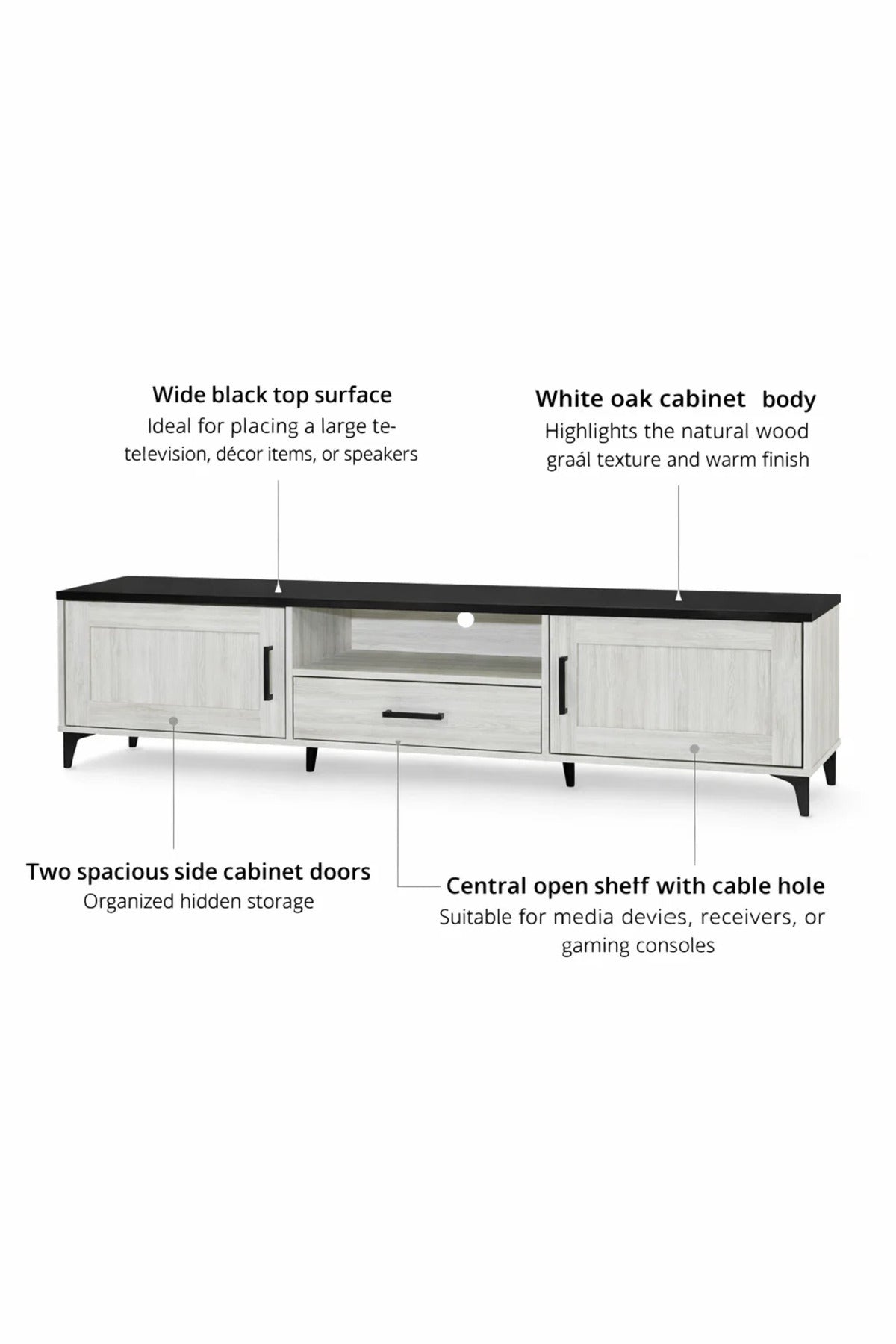 White Oak TV Stand √ê 200x40x50 cm Modern Wooden Plasma Table with Cabinets & Drawer