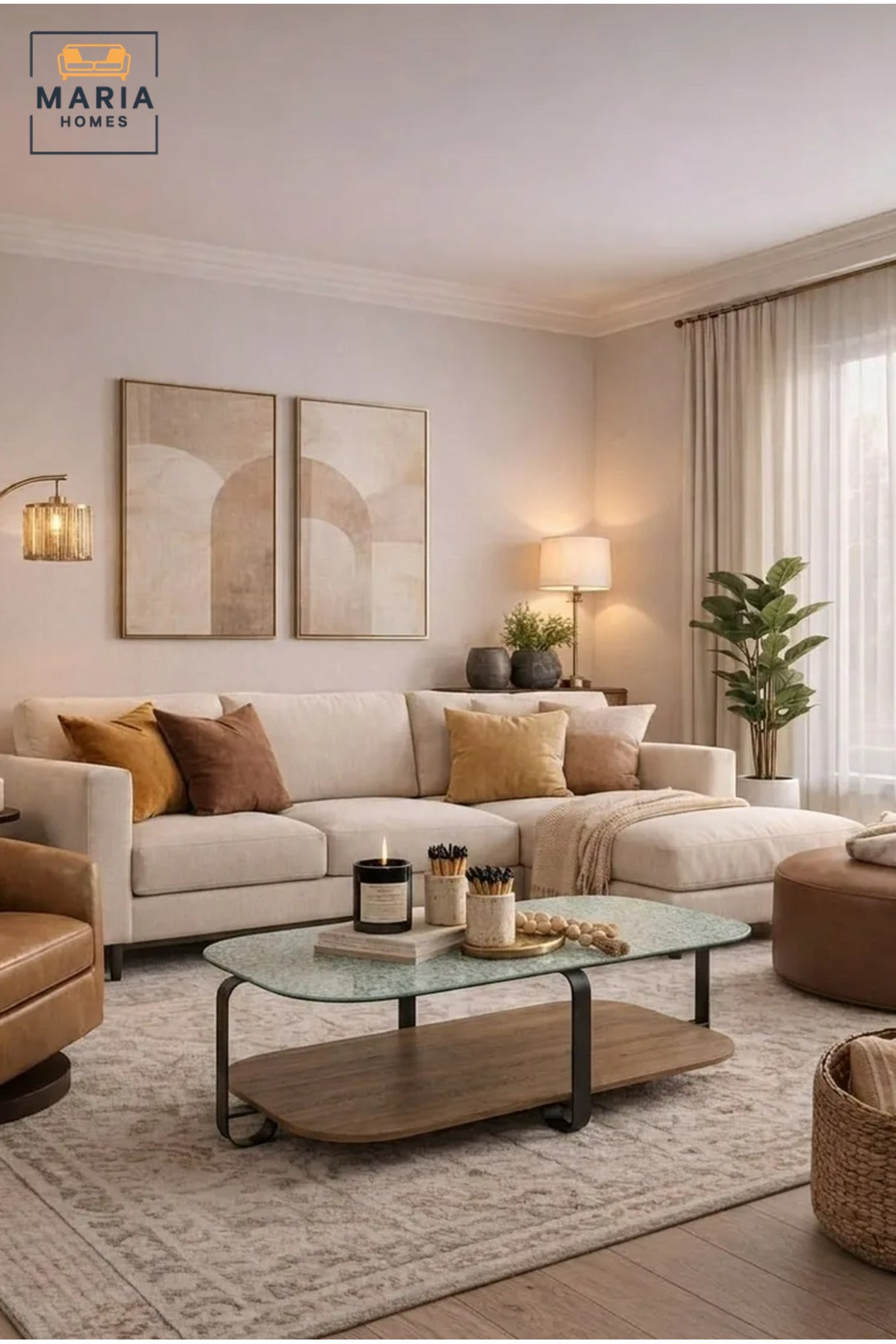 Modern Rectangular Coffee Table with Textured Glass Top, Wooden Lower Shelf and Curved Frame, Two-Level Center Table for Living Room, Lounge and Office