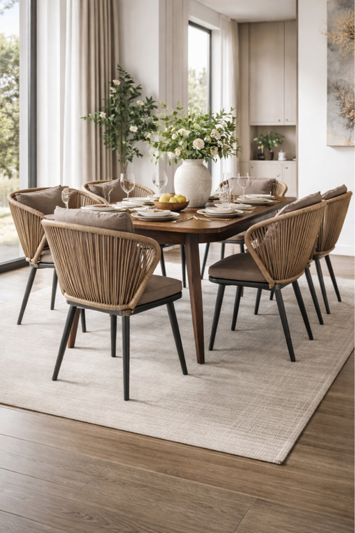Coffee Fabric Dining Chair with Cushion Modern Woven Back coffee fabric dining Garden
