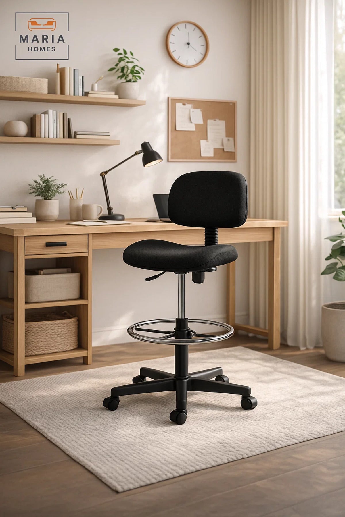 Adjustable Office Chair Black with Backrest Foot Ring and Wheels