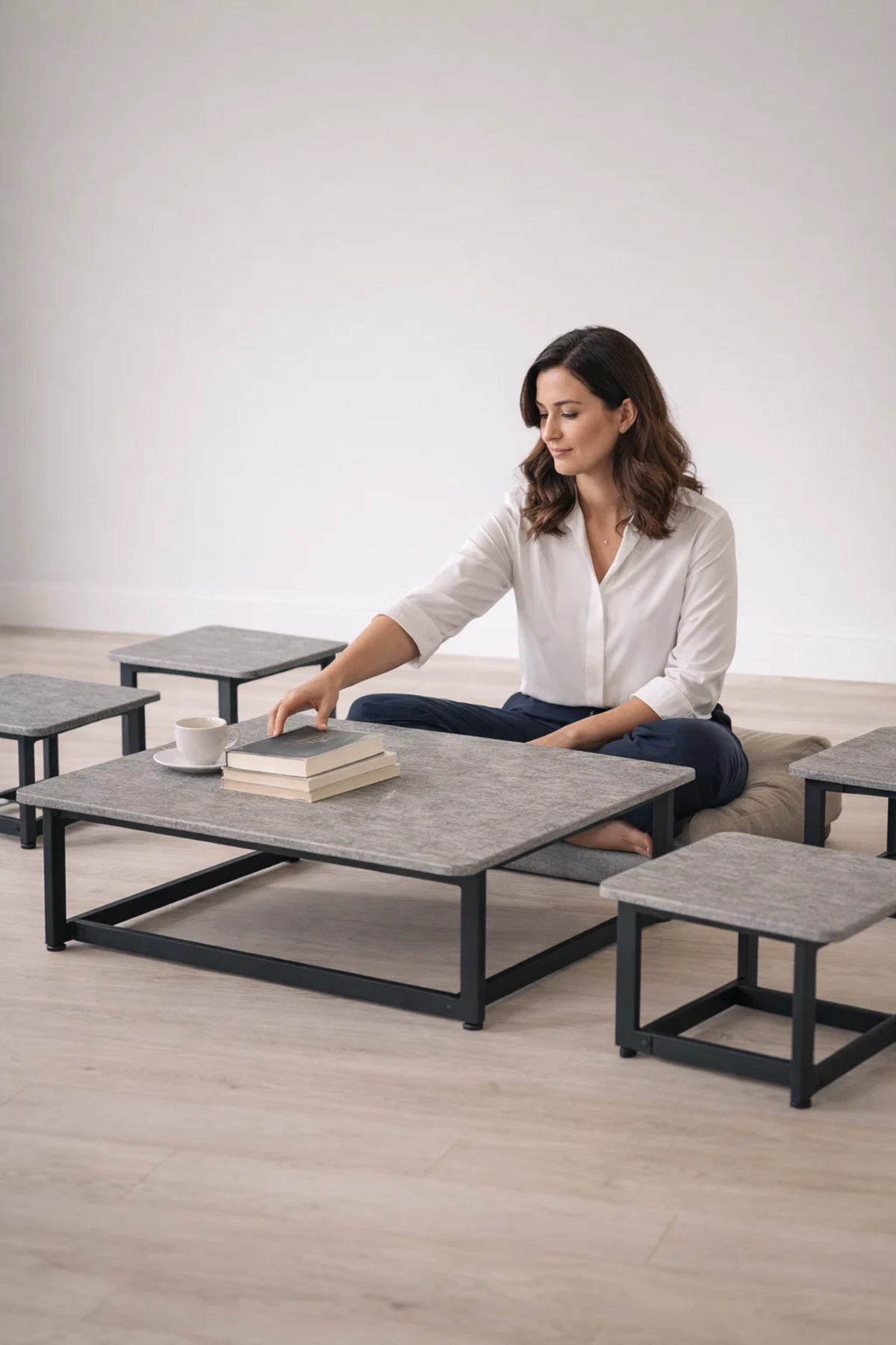 Stylish 5-Piece Grey Low Center Table Set with 4 Matching Stools for Modern Floor Seating Decor