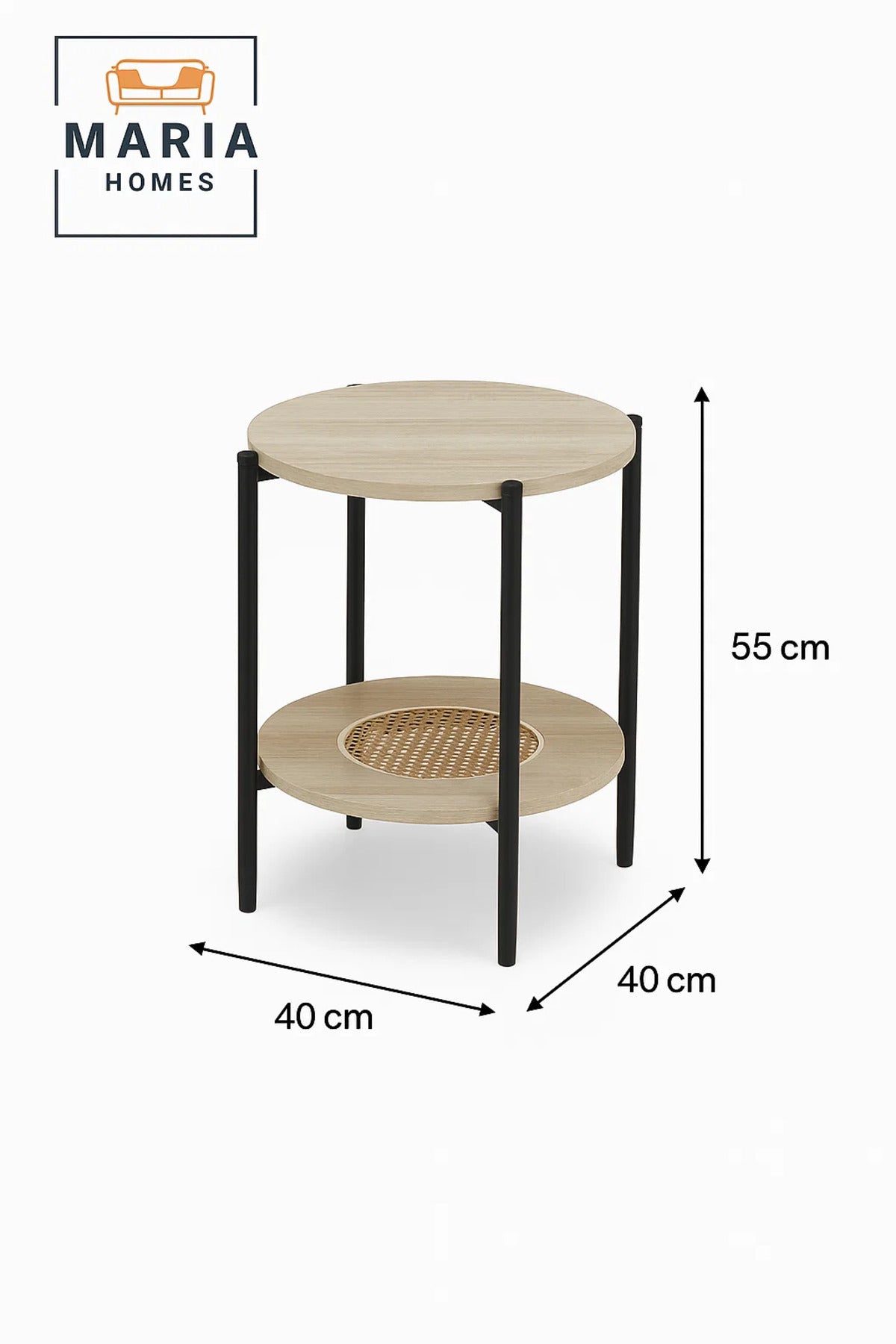 Modern Light Wood Side Table √ê Round Coffee Table with Rattan Storage Shelf 40_40_55 cm