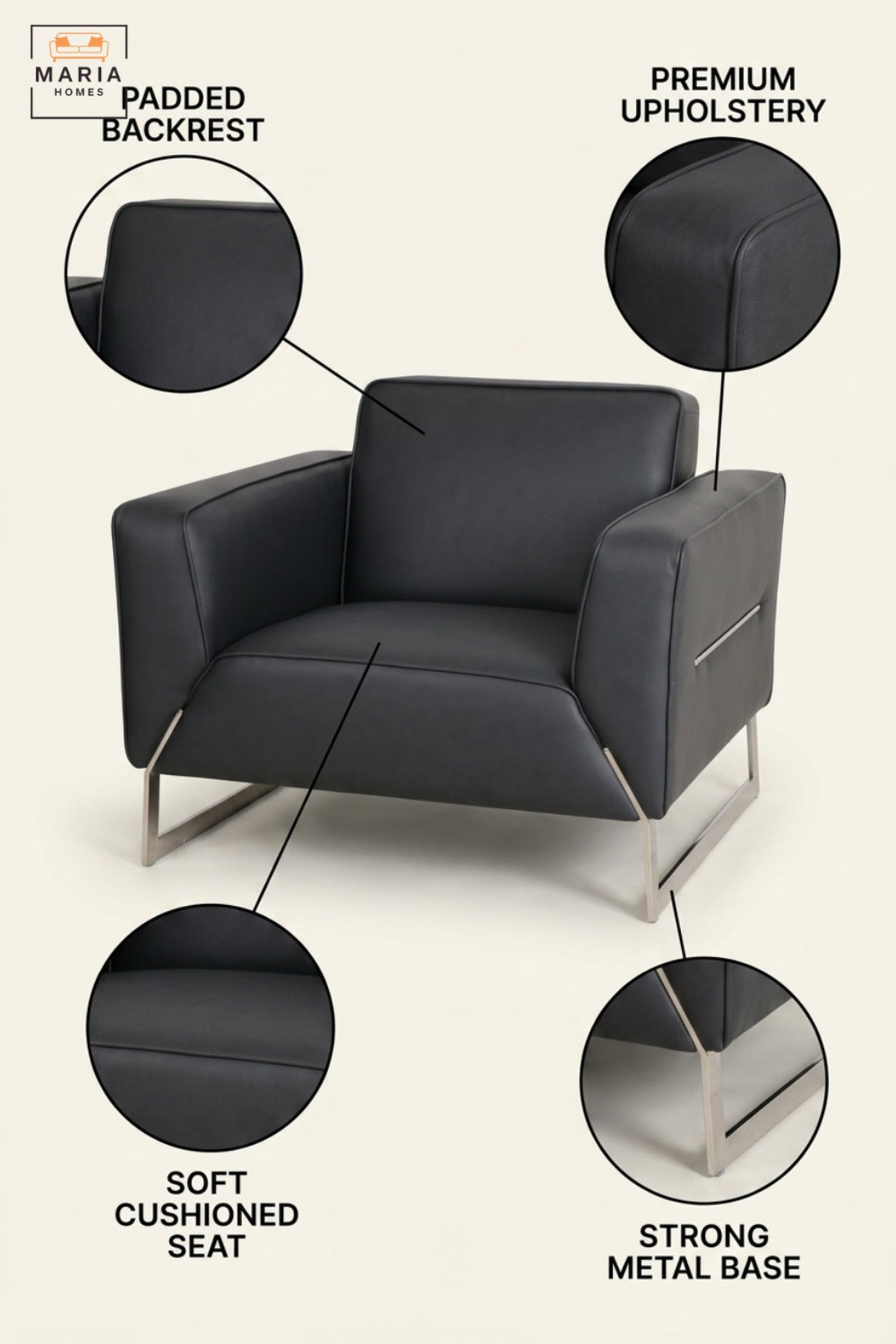 Modern Black Leather Armchair with Stainless Steel Sled Base, Wide Padded Seat & Armrests, Contemporary Accent Lounge Chair for Office Living Room Reception
