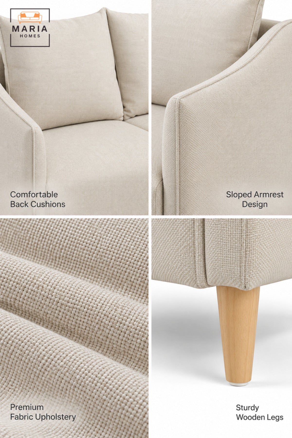 Modern 2 Seater Fabric Sofa with Soft Back Cushions, Comfortable Loveseat with Armrests and Wooden Legs for Living Room, Bedroom & Lounge