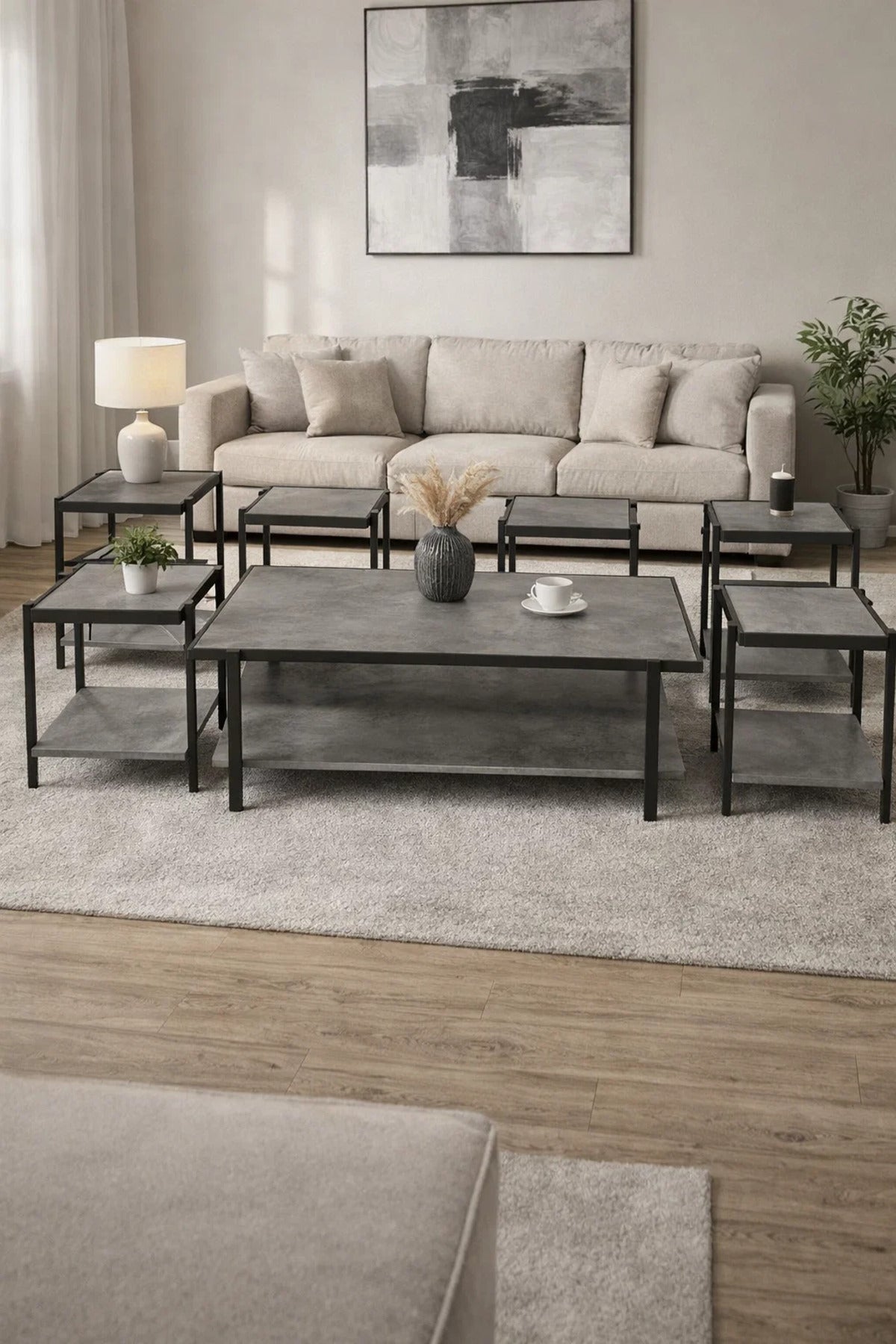 Modern Grey Coffee Table Set with 6 Side Tables and Shelf modern grey coffee Center