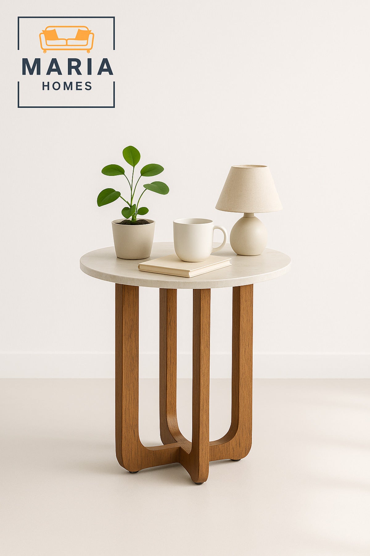 Round Side Table 45_55 cm Ð Modern Coffee Table with Faux Marble Top & Wooden Brown Legs