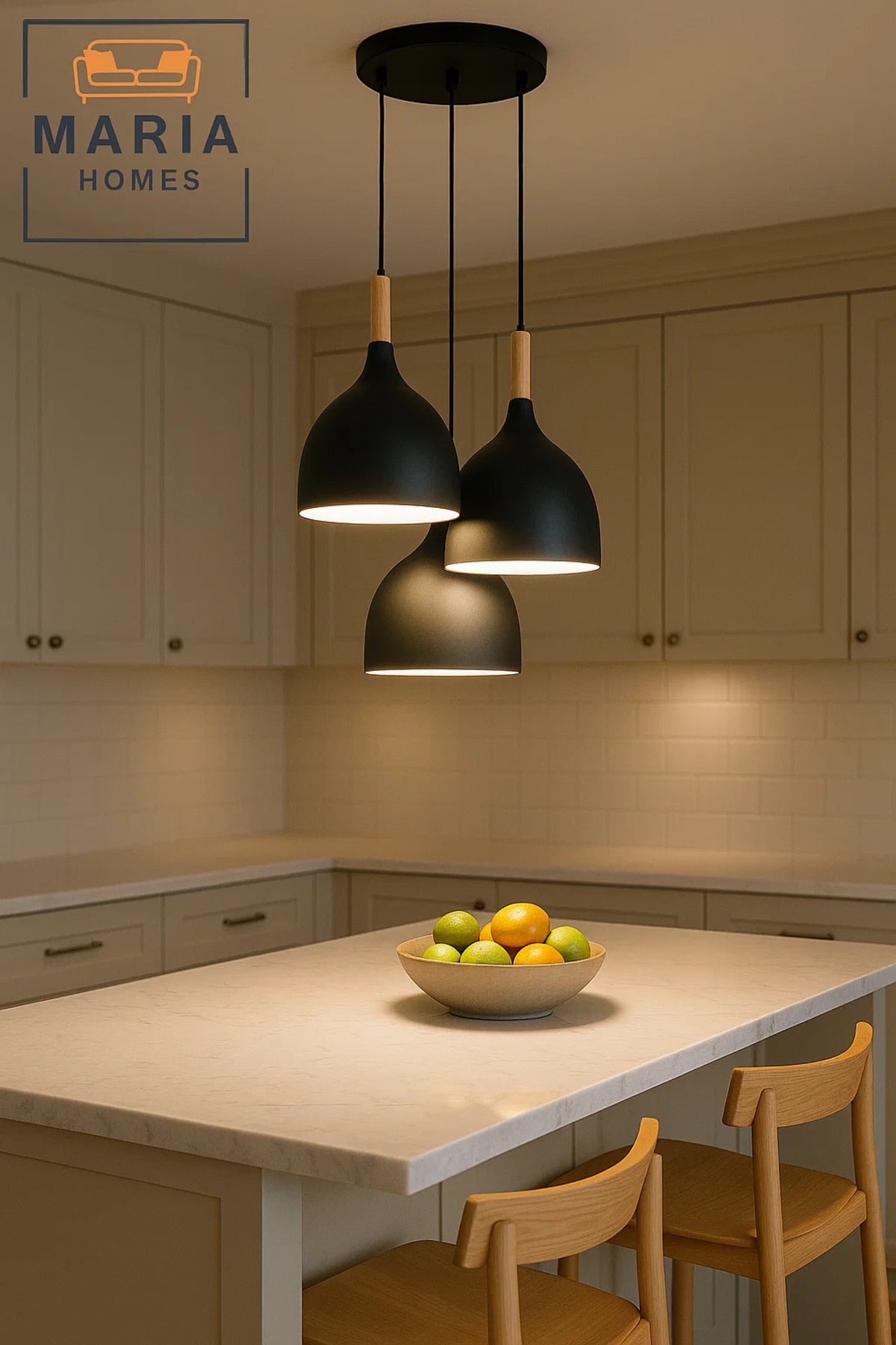 Triple Matte Black Pendant Light with Wood Accent