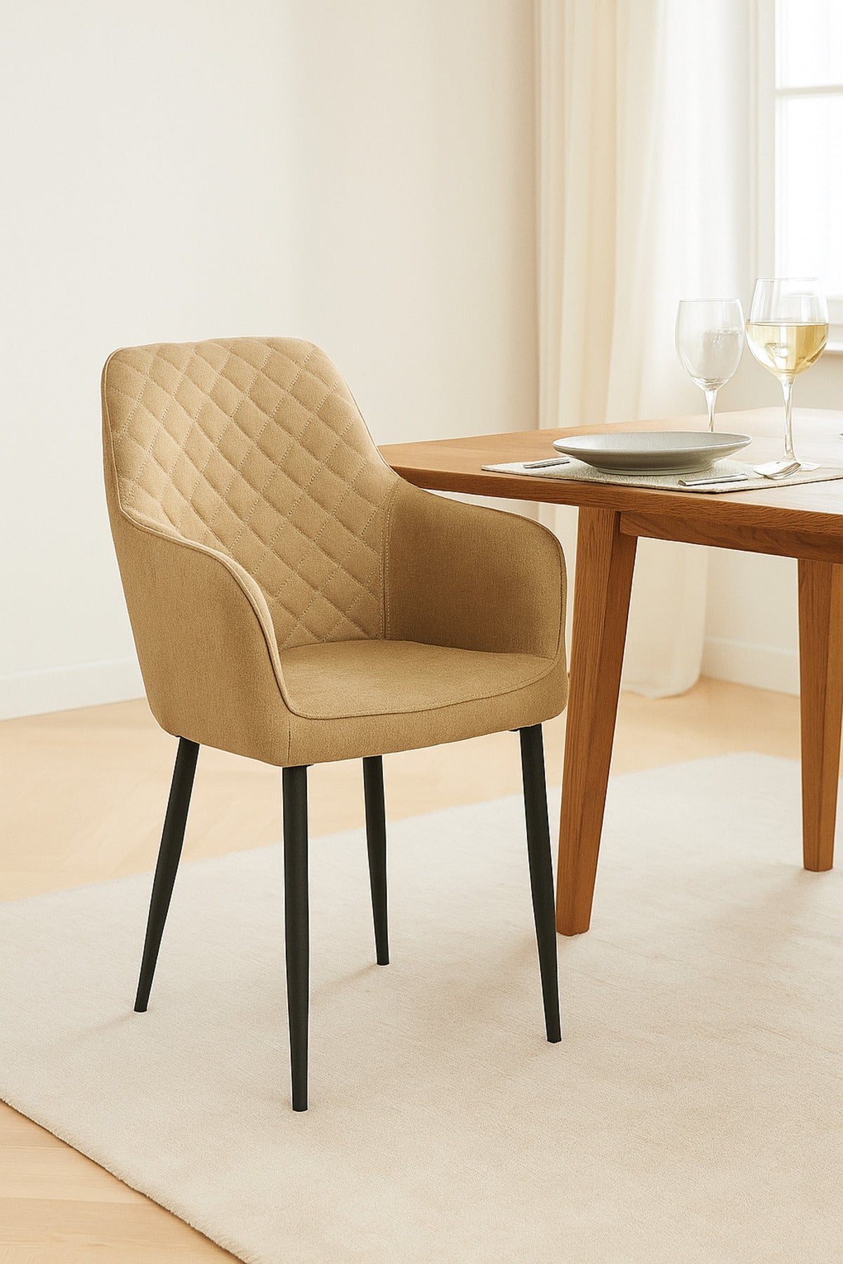 Beige Fabric Dining Chair Ð Modern Quilted Armchair with Black Metal Legs for Dining Room & Office