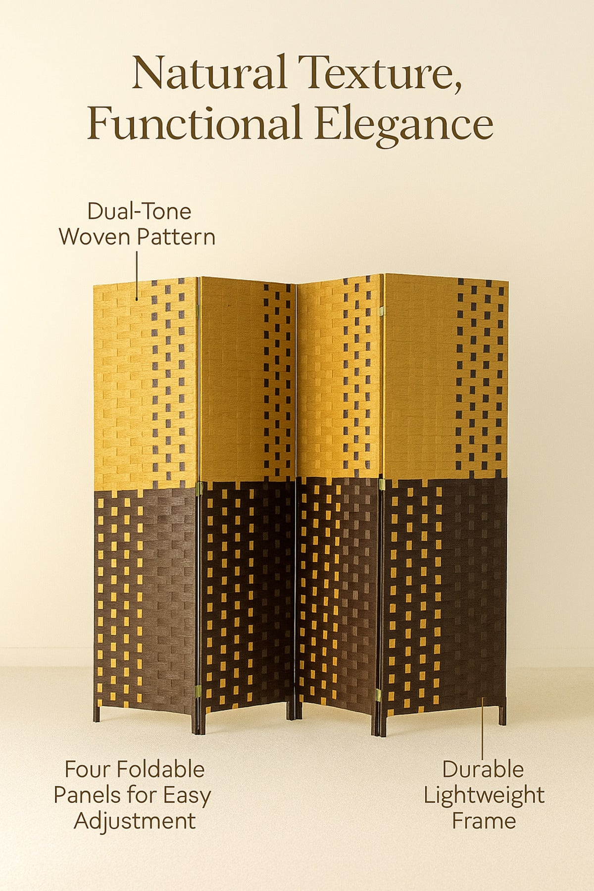 4-Panel Woven Room Divider Ð 180_200 cm Foldable Privacy Screen in Two-Tone Brown & Beige