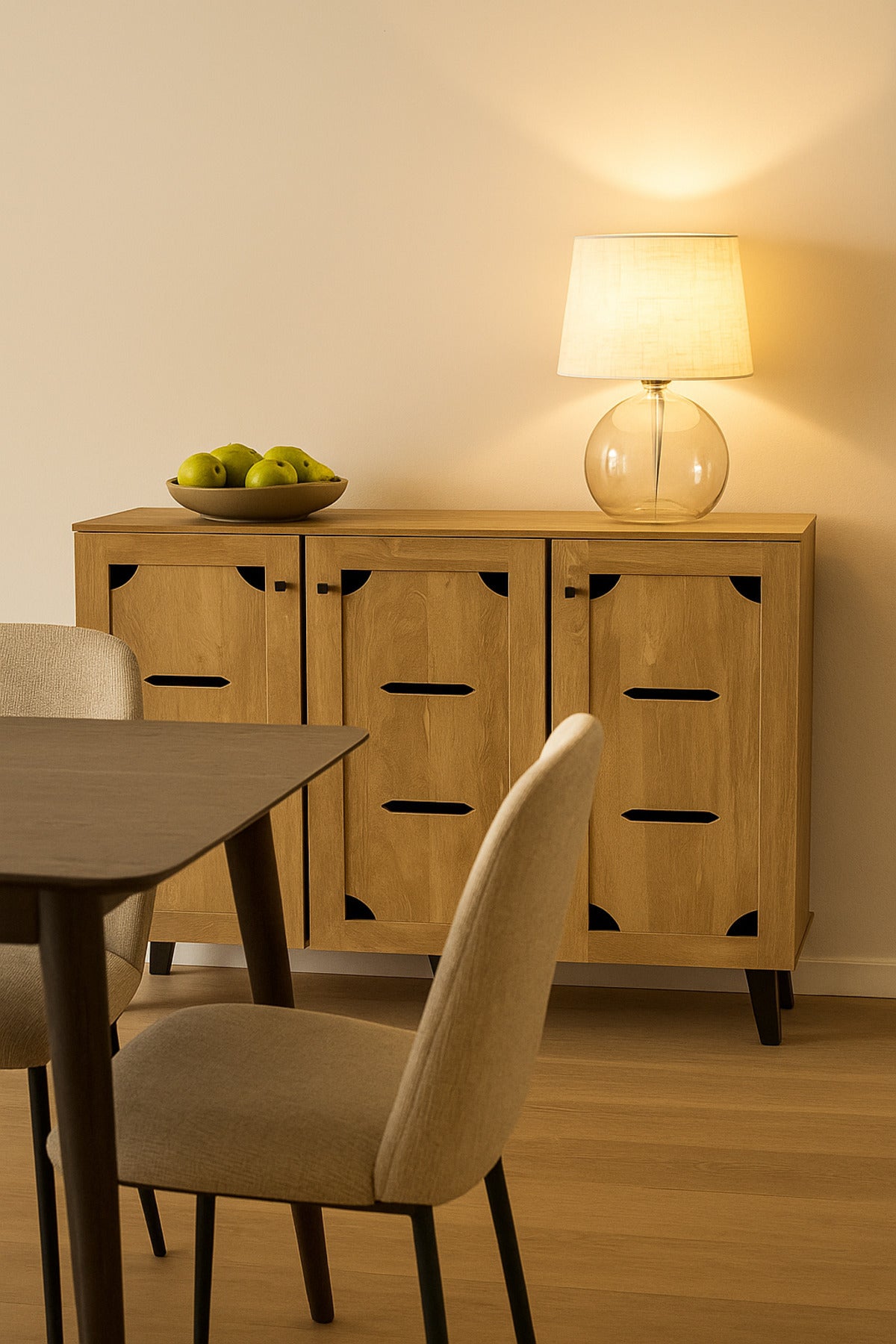 Light Brown Wooden Sideboard Cabinet Ð 3-Door Storage Unit with Modern Cutout Design 120_32_94 cm