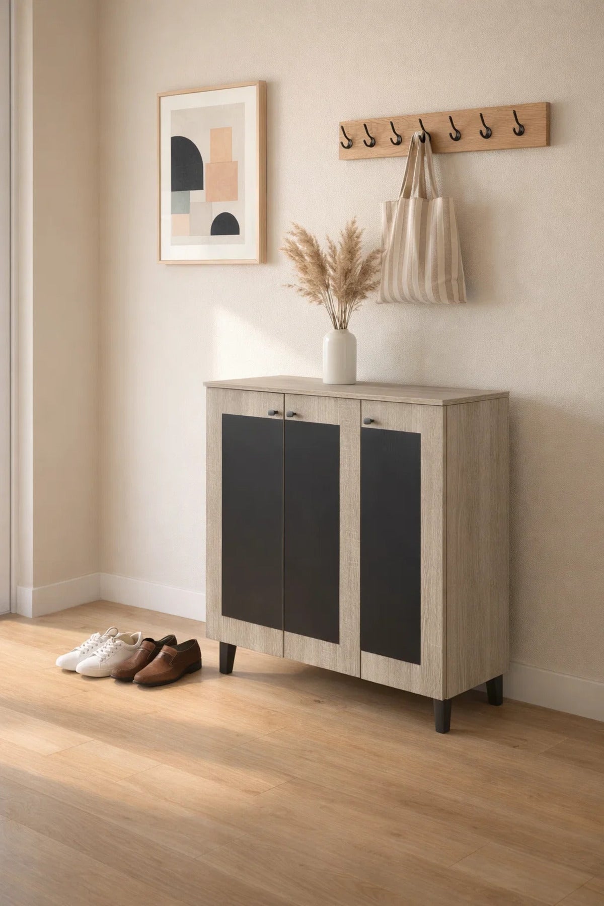 Modern Beige Black Shoe Storage Cabinet 3 Doors Entryway Organizer Unit Wood Design 90x91cm