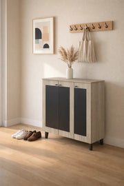 Modern Beige Black Shoe Storage Cabinet 3 Doors Entryway Organizer Unit Wood Design 90x91cm