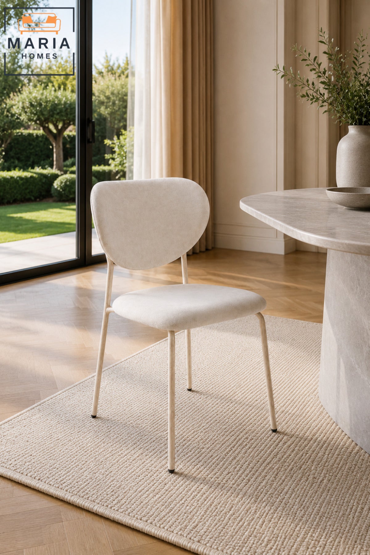Modern Dining Chair Upholstered Fabric Kitchen Chair Metal Legs for Dining Room Cream White