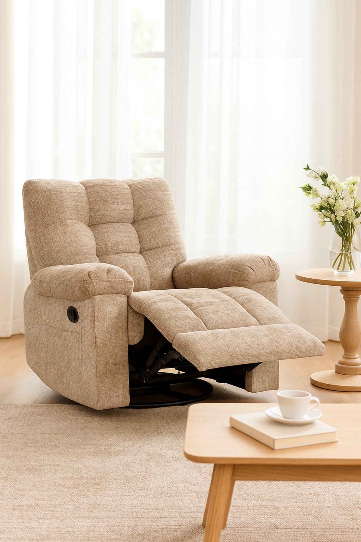 Beige Fabric Recliner Chair with Swivel, Rocking & Footrest Ð Cozy Lounge Seating