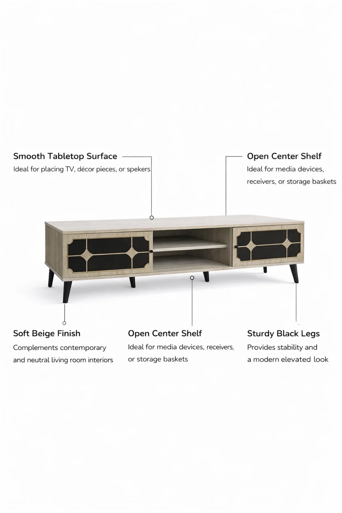 Modern 180cm TV Unit Entertainment Center Beige Wood Black Geometric Storage for Living Room Style